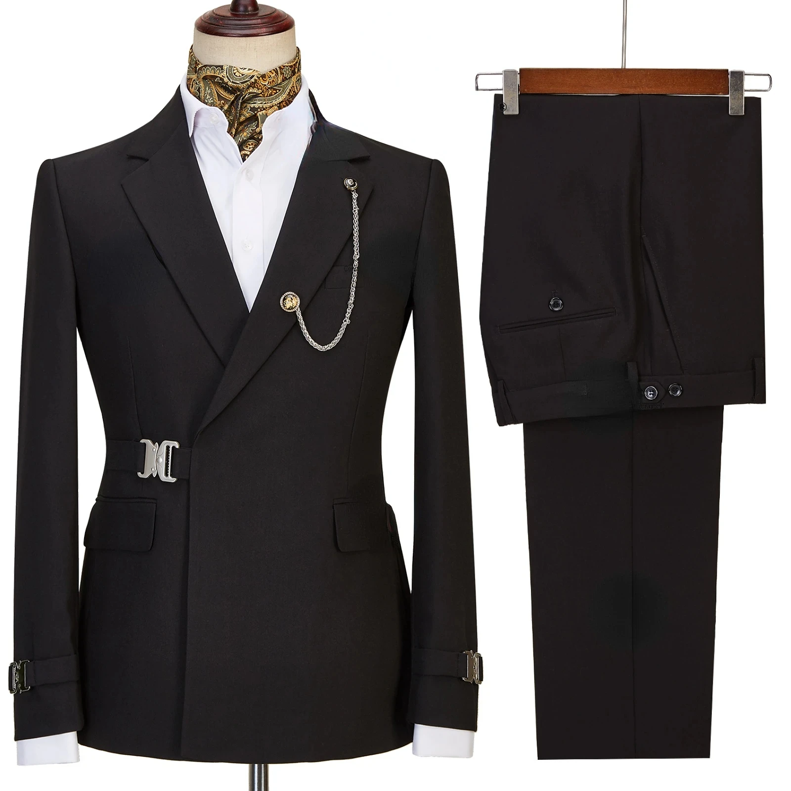 Elegant Luxury Solid Color Business Men's Suit Two Pieces Metal Buckle Male Formal Occasions Blazers and Pants