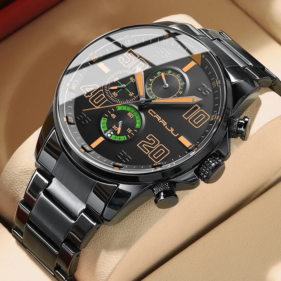 

CRRJU Men Watch Stainless Steel Creative Fashion Quartz Dial with Chronograph Auto Date Clock Male Casual Wristwatches