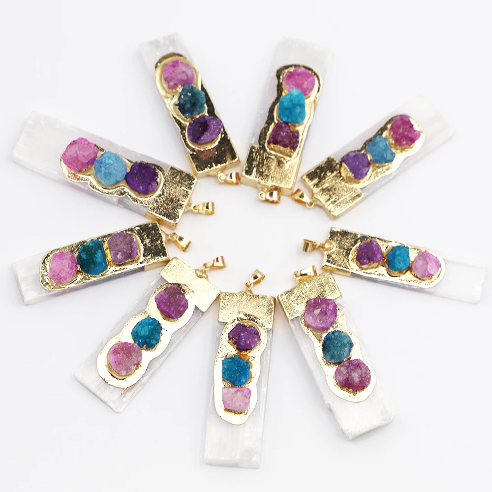 Natural Selenite Plaster Pendants Agate Tourmaline Rock Mineral Reiki Healing Energy Stone Amethyst Charms DIY Necklace Making