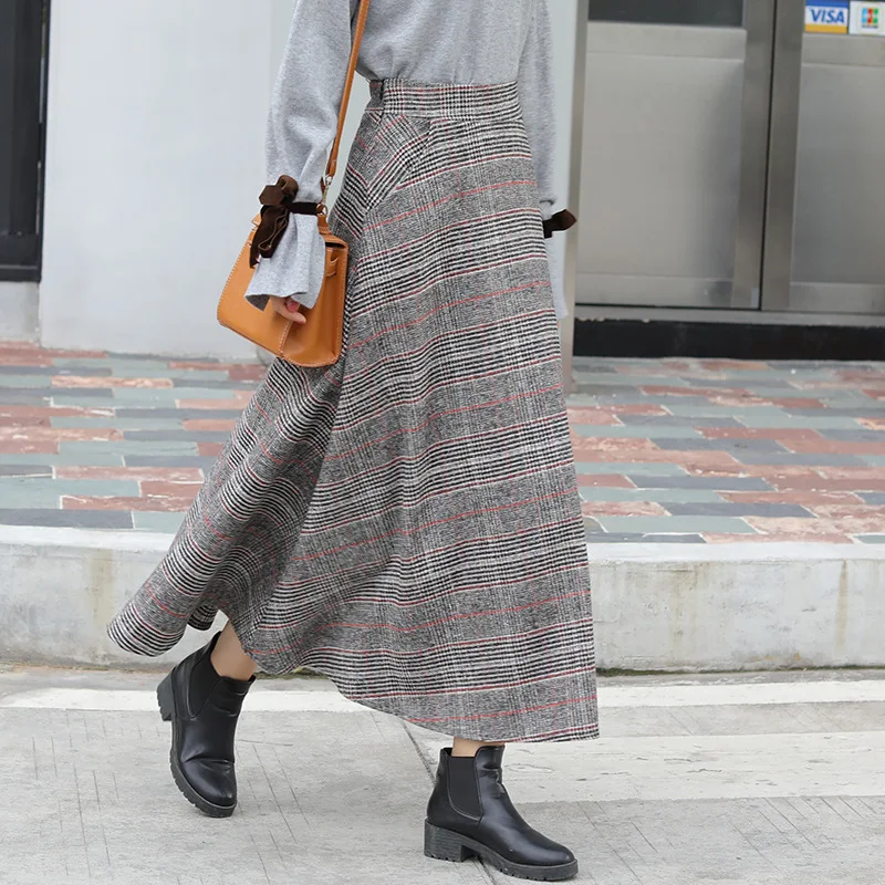 

Women Skirts Plaid Woolen Midi Skirt for Autumn and Winter High Waist A line Skirt