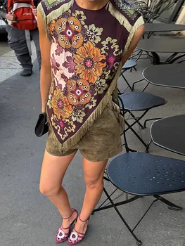 Fashion Floral Print Top With Fringe Trim For Women Vintage O-neck Sleeveless Asymmetric Hem Satin Blouse Lady 2026 Chic Tops 1