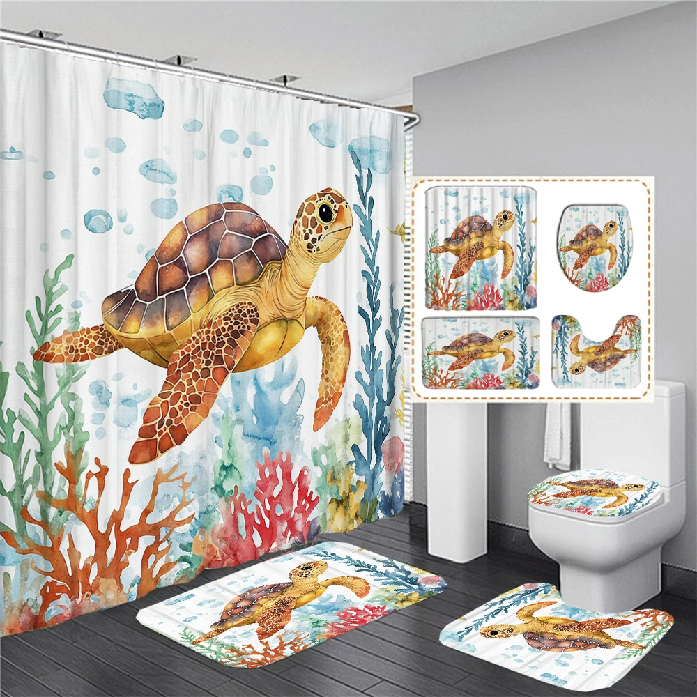 Set di 4 tende da doccia a forma di tartaruga marina, colore acqua