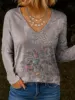 Women's T-Shirts Retro Floral Graphic plants Elegant Trendy Tees  V-Neck Long Sleeve T-shirts Regular Tops Pullover Fall Winter