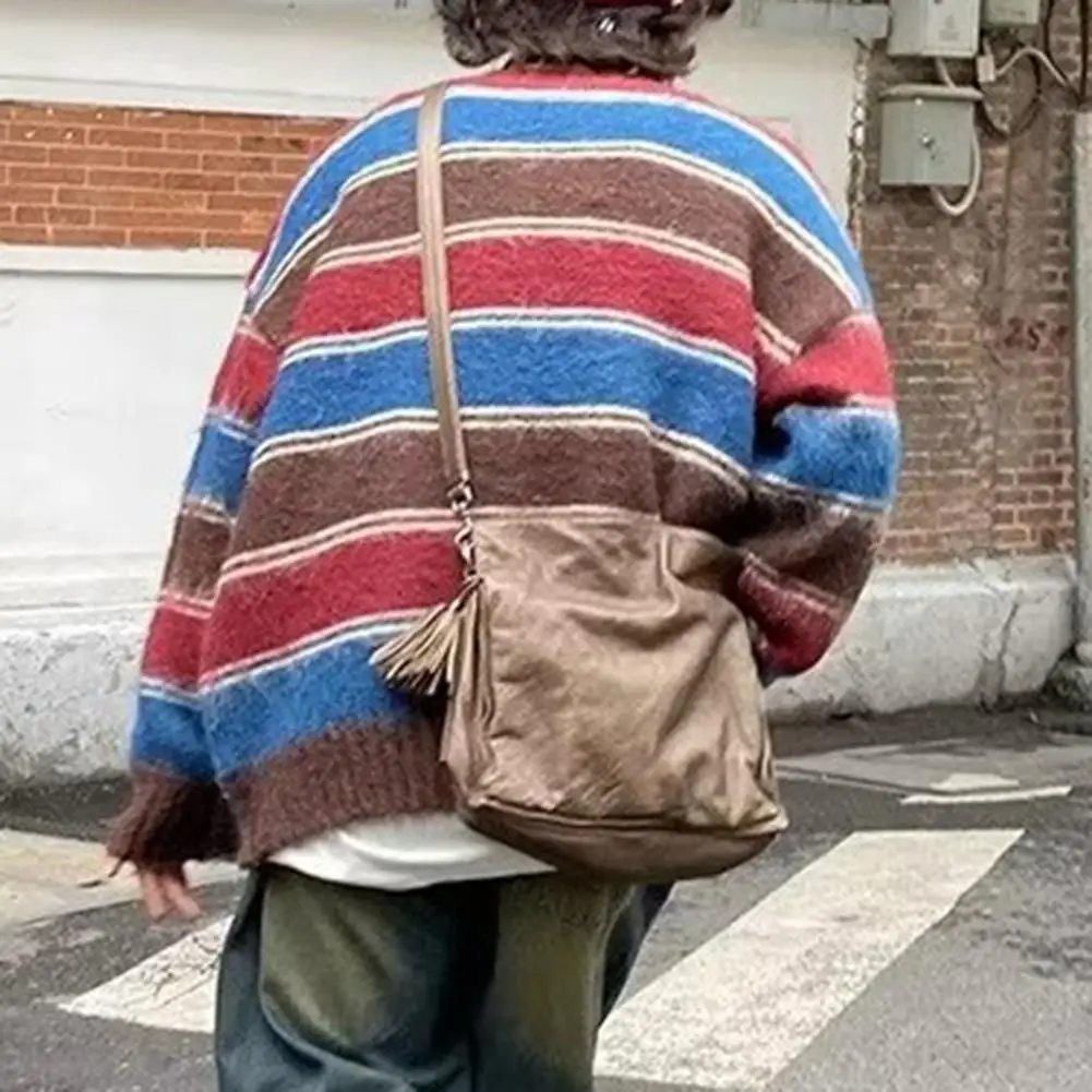 

Thick Sweater Stylish Men's Striped Knitted Sweater Thick Warm Pullover with High Collar Loose Fit for Fall/winter Spring High