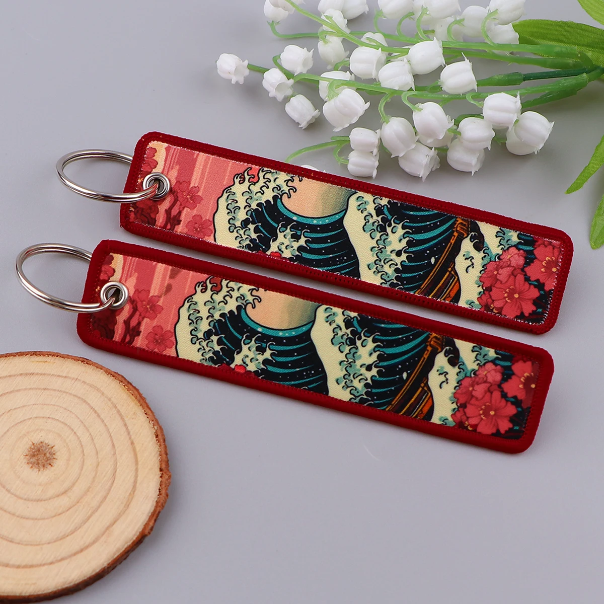 Van Gogh Embroidery Key Fobs Japanese Waves Key Tags Keychain For Motorcycles Cars Ring Accessories Jewelry Chaveiro Gifts