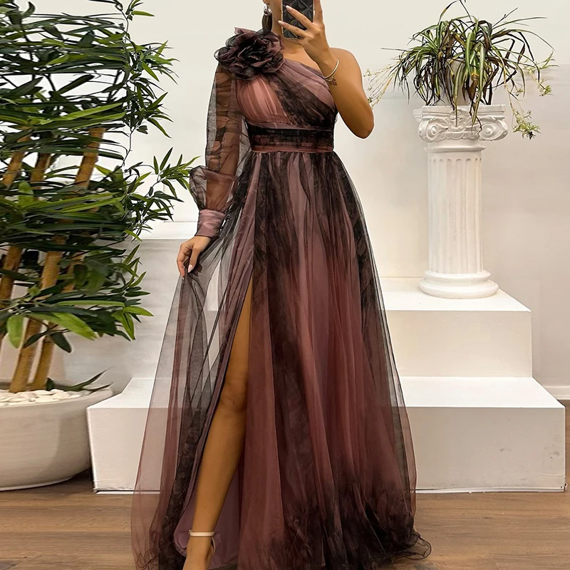 Vintage Pattern Printed High Waist Long Dress Sexy Asymmetric Mesh Evening Dress One Shoulder Sleeve Pleats Bridesmaid