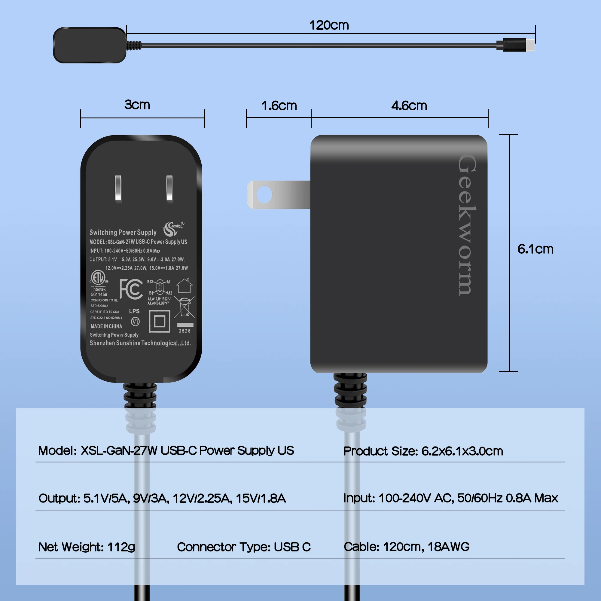 Geekbord 라즈베리 파이 5 전원 공급 장치 XSL-GaN-PD 27W 5.1V 5A USB-C