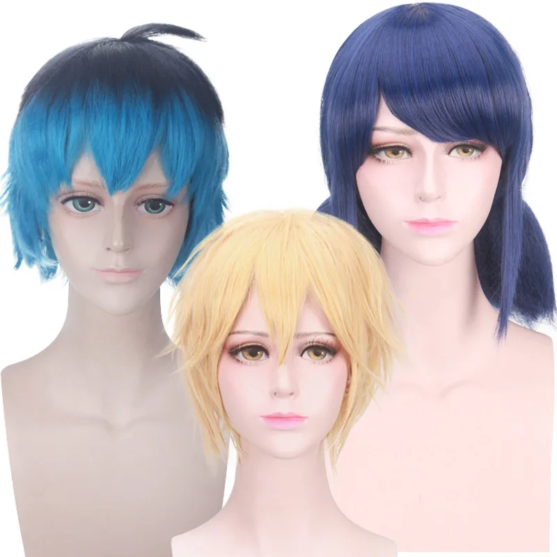 Parrucca capelli sintetici Marinette parrucca Cosplay blu scuro doppia coda di cavallo dritto parrucche da donna resistenti al calore di Halloween - immagine 2