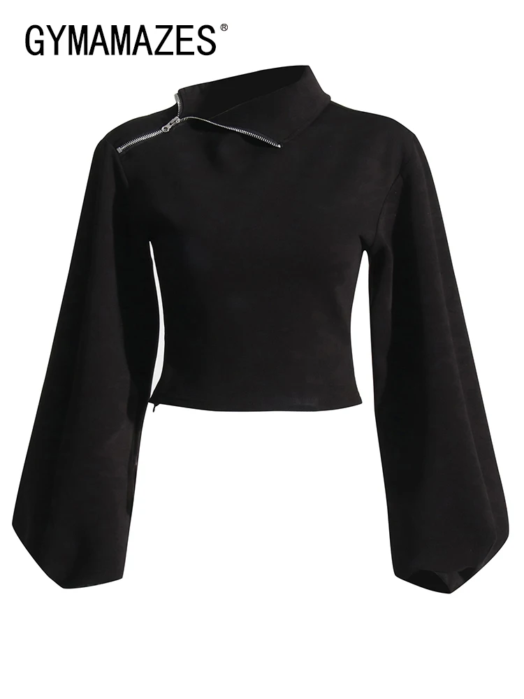 

GYMAMAZES Solid Minimalist Sweatshirts For Women Turtleneck Long Sleeve Patchwork Zipper Casual Chic Sweatshirt Female Clothing