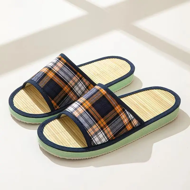 

Men's Summer Open Toe One Word Casual Slippers Soft Bottom Non Slip Home Bamboo Woven Slipper Sweat Absorbing Breathable Slipper