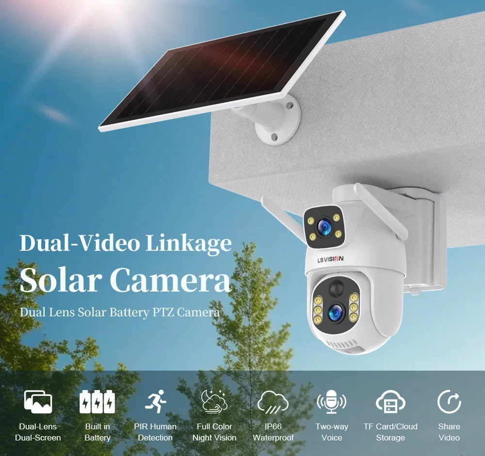 LS VISION 8MP 4G SIM Solar Camera Dual Lens Outdoor Security Cameras CCTV PIR Hu