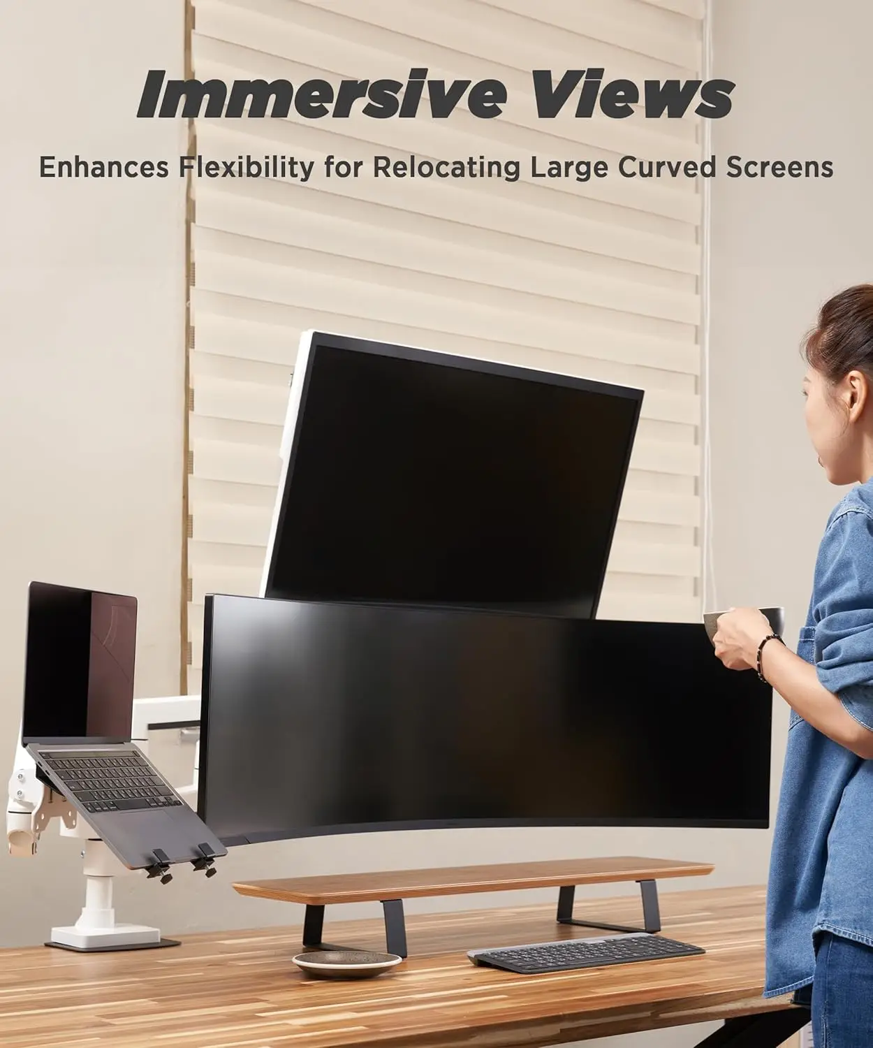 Heavy Duty Monitor Arm for Ultrawide Monitors up to 57" and 44 lbs, Single Desk Stand, Pneumatic Height Adjustable, Modular