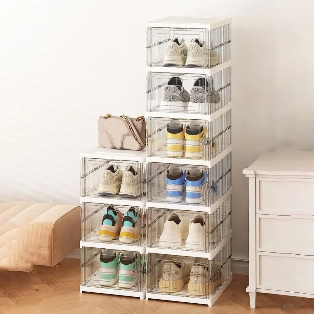 Practical Plastic Multi Layer Shoe Box Transparent Stackable Foldable Shoe Box with Lid Dustproof Shoe Cabinet Sneaker