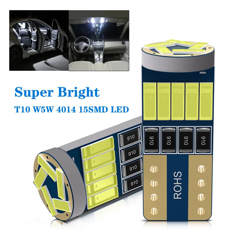 

2x T10 W5W 4014 15SMD LED Canbus High Power Car Clearance Wedge Side Light Interior Dome Reading Lamps 12V 6000K No error White