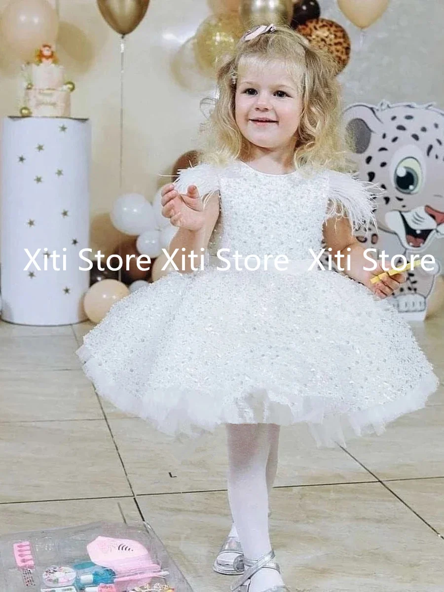 

Girl's Winter Party Dresses with Feather Cape Beading Sequin Ball Gown Baby Girl Birthday Tutu Gowns Mini Flower Girl Dress