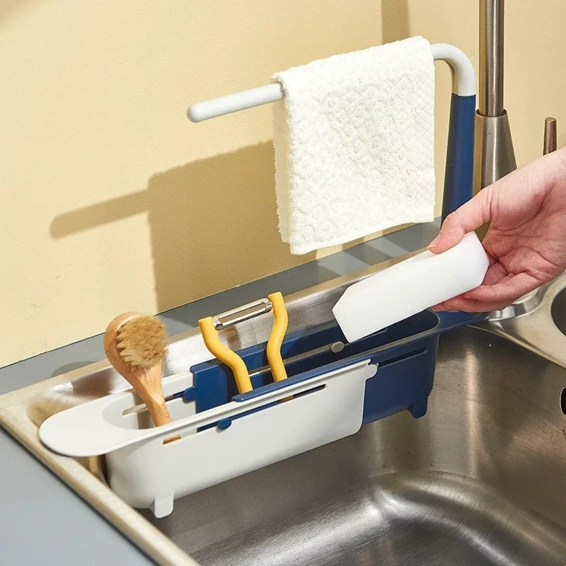 Kitchen Telescopic Sink Organizer Rack Telescopic Faucet Organizer for Soap Towel Sponge Storage Adjustable Shelf Storage Rack 4