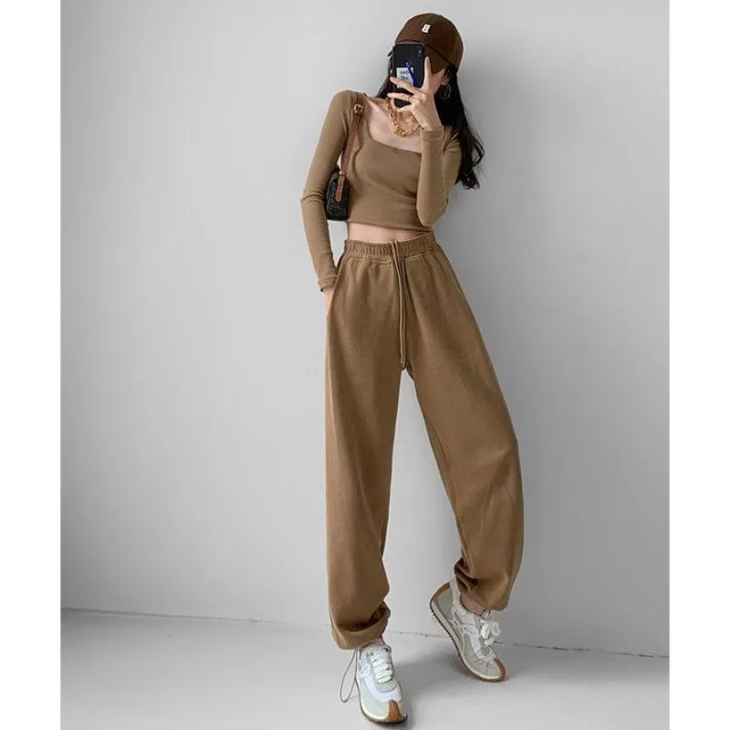 England Loose Sporty Women's Spring and Autumn New Solid Color Elasticized High-waisted Drawstring Pockets Casual Straight Pants
