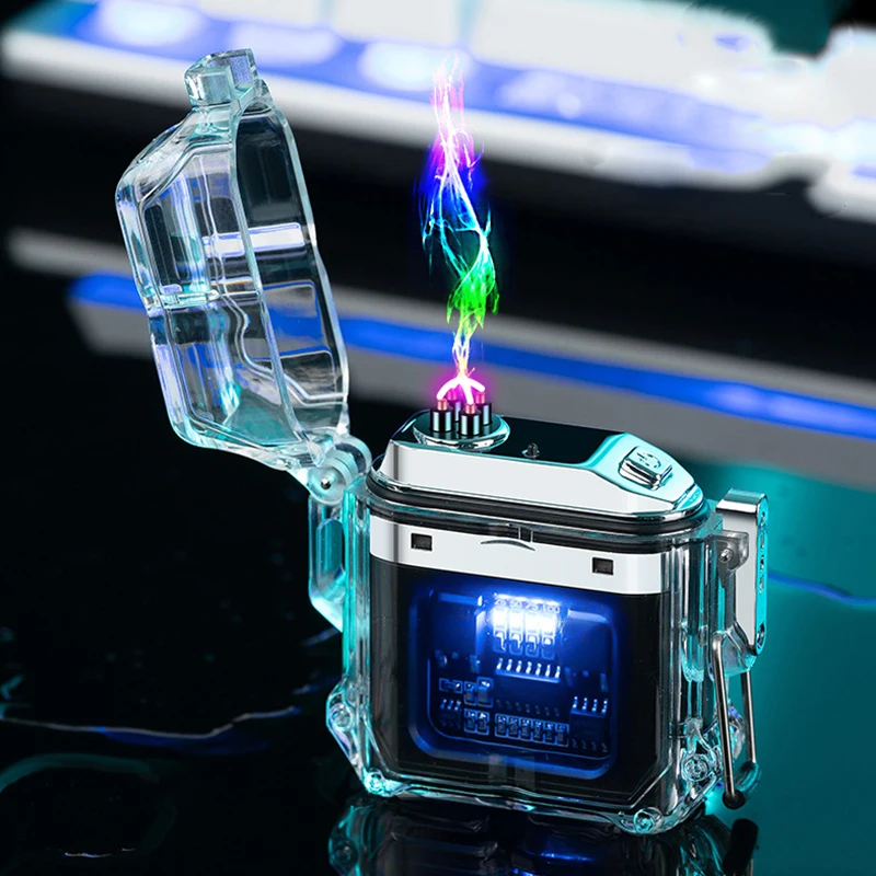 

New USB Pulse Double Arc Lighter Windproof Waterproof Outdoor Lighter Cigarette Transparent Body Camping Lighter Survival Tool