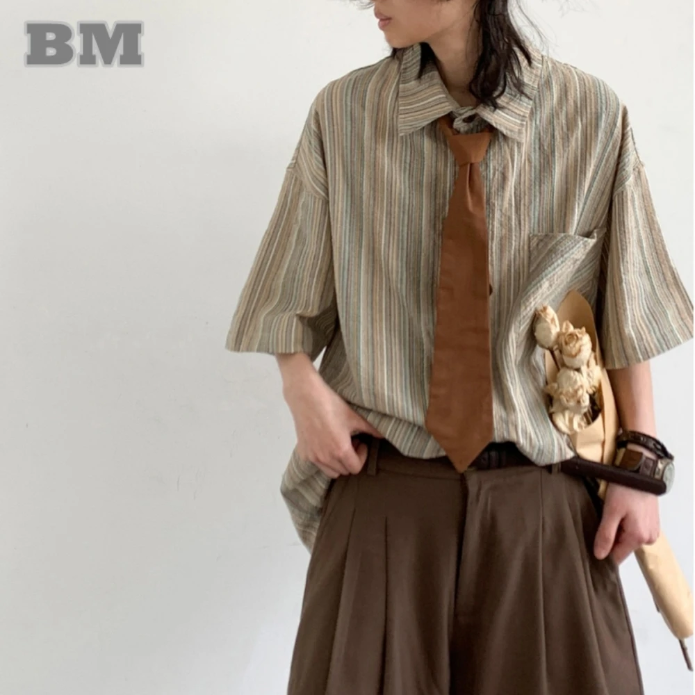 Men Women Summer Preppy Vintage Striped Shirt Korean Popular Short Sleeve Unisex Streetwear Casual Tops