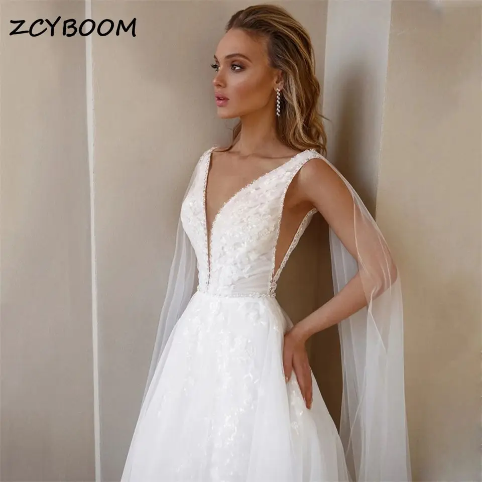 

Elegant Deep V-neck A-line Backless Ribbon Appliques Wedding Dress For Women 2024 Court Train Bridal Gowns Vestidos De Noiva