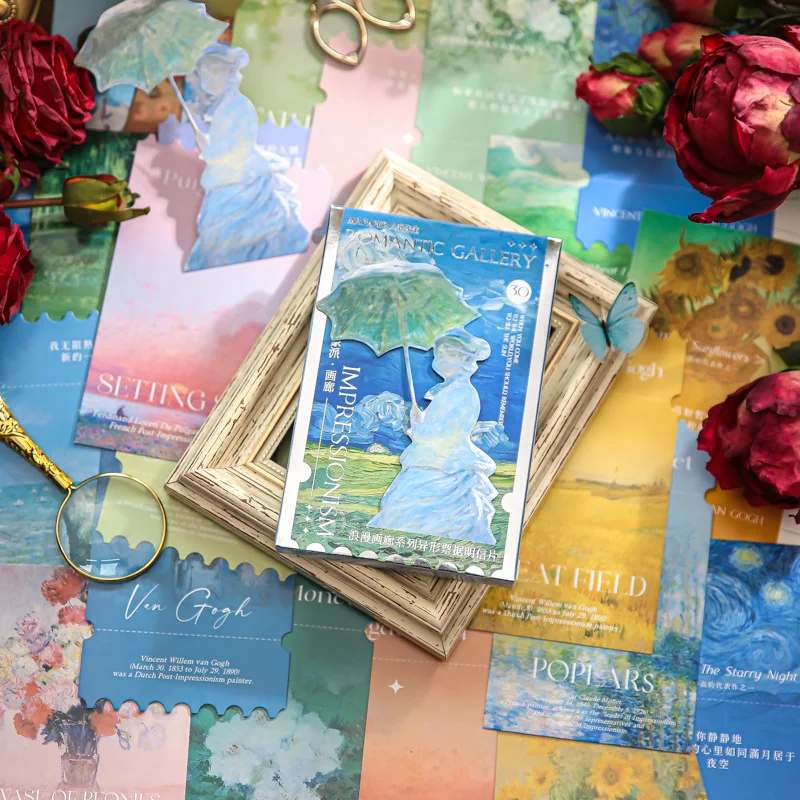 

30pcs/set Postcards Romantic Gallery Series Vintage Oil Painting Style Flower Character Gift Wishes Message Card Wall Decoration
