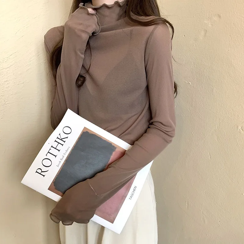 Sexy Women T Shirt See Through Transparent Mesh Tops Long Sleeve Autumn Ladies Solid Turtleneck Silk T-Shirt Lace Crop Top