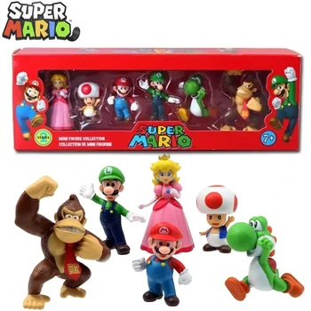 6pcs/set Super Mario Bros PVC Action Figure Toys Dolls Model Set Luigi Yoshi Donkey Kong Mushroom For Kids Birthday Gifts A