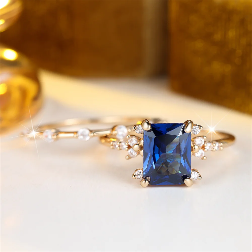 Blue Zircon Square Stone Ring Sets For Women Men Trendy Gold Color Engagement Double Rings Wedding Jewelry Bridal Valentine Gift