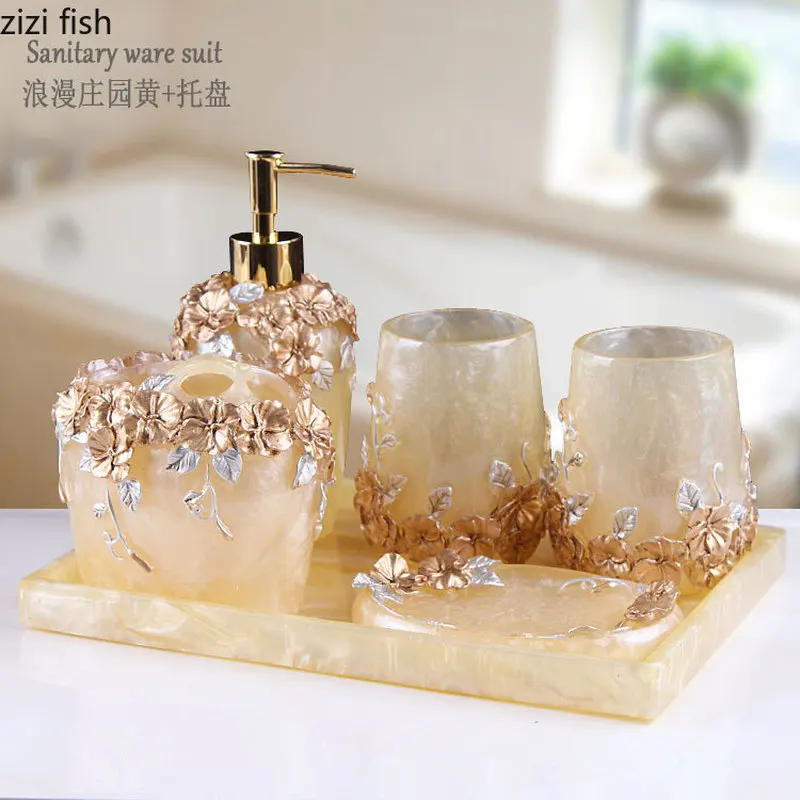 Fashion Bathroom Supplies Resin Five-piece Washbasin European Bathroom Supplies Toothpaste Storage Box Tissue Box bathroom accessories