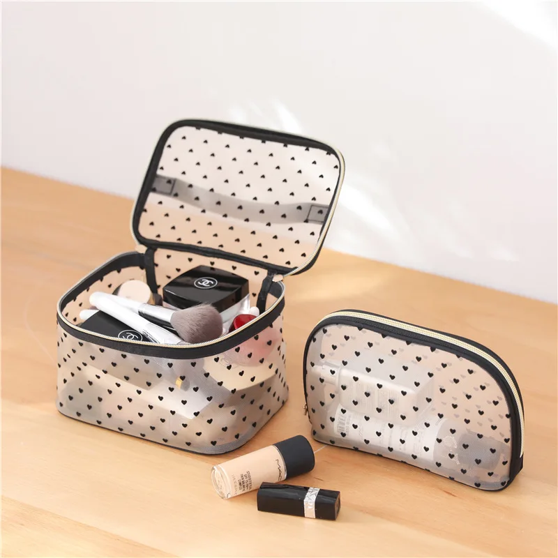 

5Heart-Shaped Nylon Mesh Cosmetic Bag Portable Toiletry Organizer Makeup Bag Multifunctional Women Lipstick Key Coin Purse Pouch