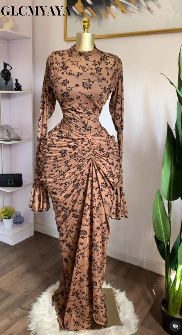 فستان ميدي نسائي مكشكش باكمام طويلة