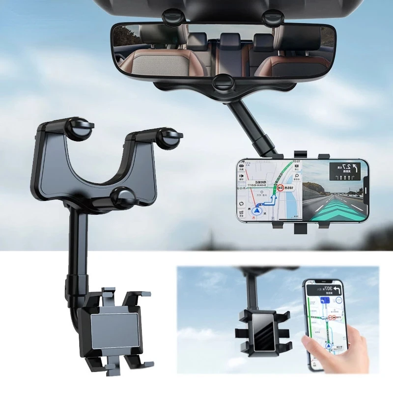 360&deg; Car Rearview Mirror Phone Holder Mount Phone and GPS Holder Universal Rotating Adjustable Telescopic Stand Support phone holder,phone stand,car phone holder,cell phone holder