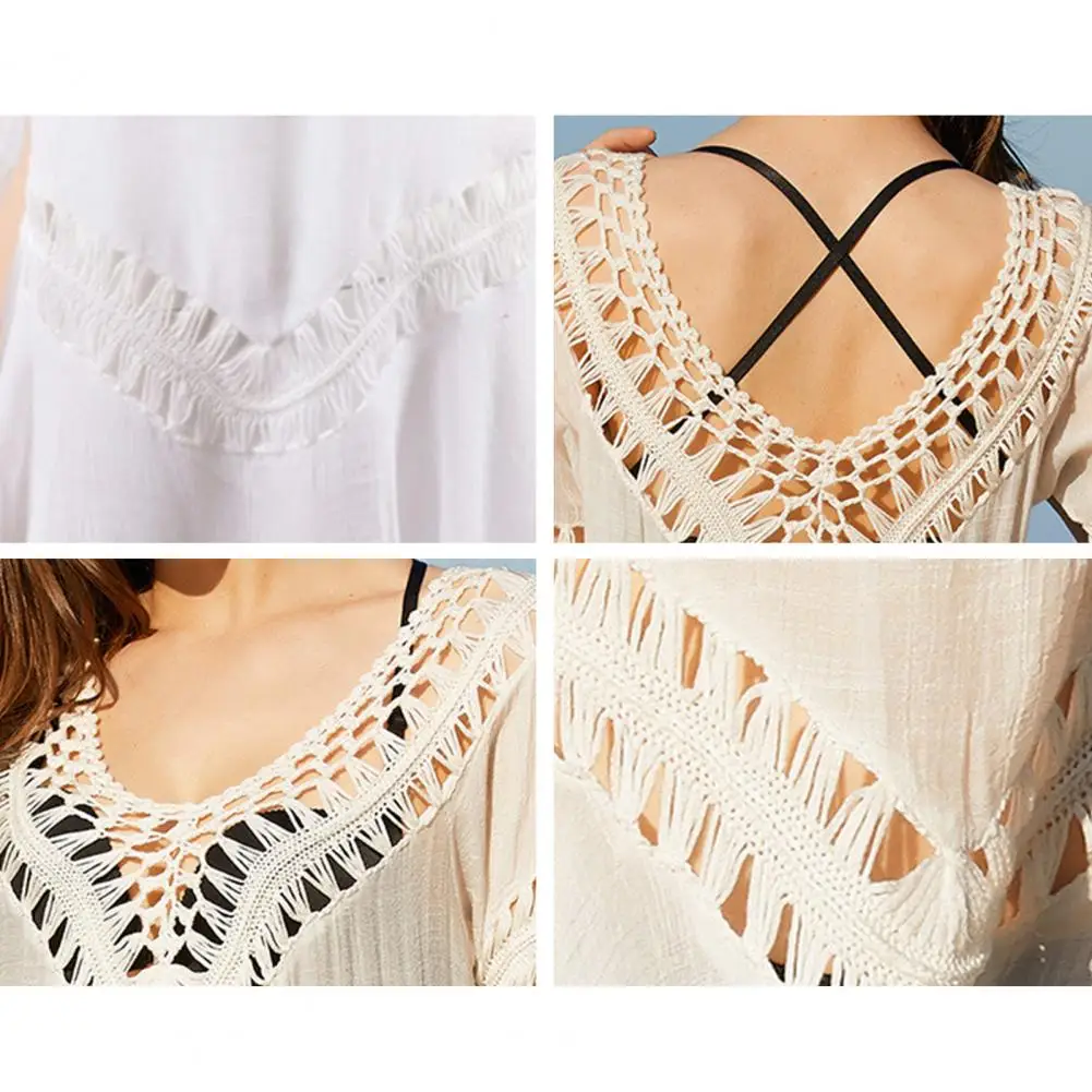 V-neck 3/4 Sleeve Flowy Hem See-through Sunscreen Dress Crochet Hollow Backless Swimwear Cover Up Beachwear