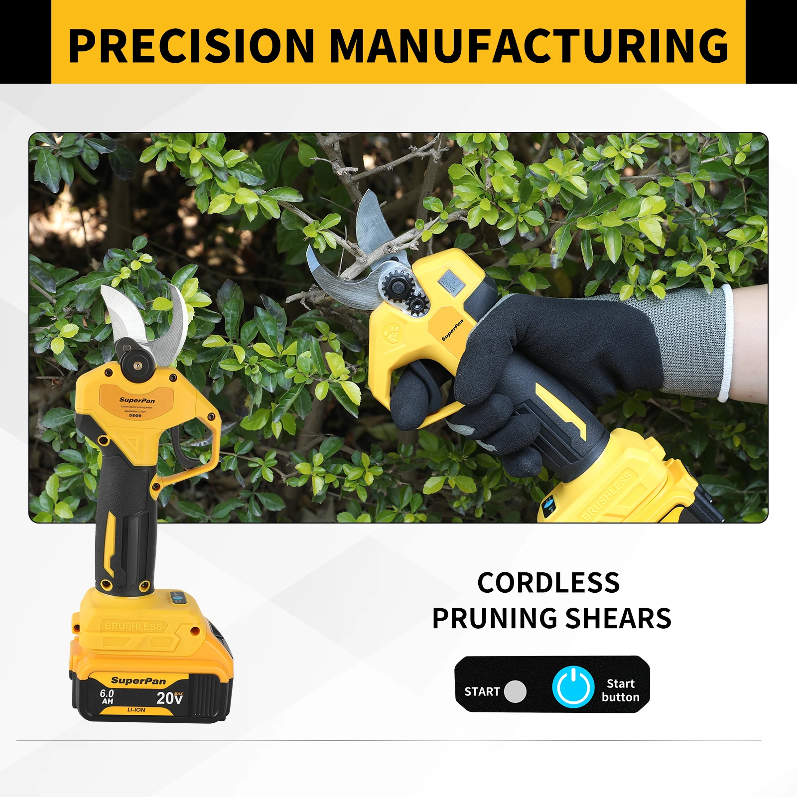 슈퍼팬 배터리 전정가위, 미끄럼 방지 손잡이, 120회/분 속도의 나무 전정용, 디월트 20V 배터리 핀용