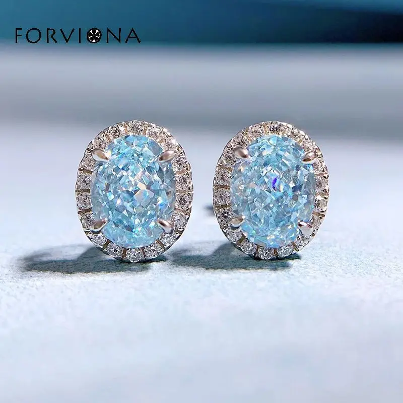 

FORVIONA Sterling silver 925 high carbon diamond stud earrings blue artificial gemstone earrings shining zircon earrings