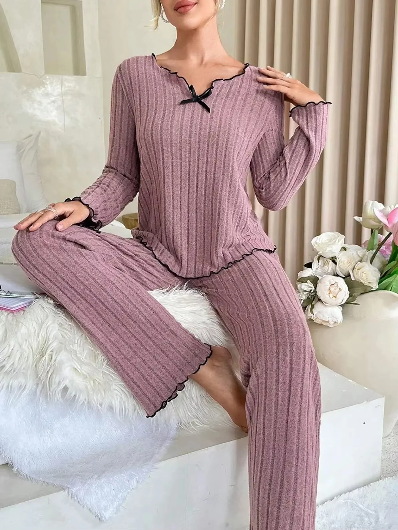 Women Autumn Winter New Sleepwear Y2K Ribbed Pajamas Set Long Sleeve Top and Long Pants 2 Piece Set Casual Homewear Loungewear