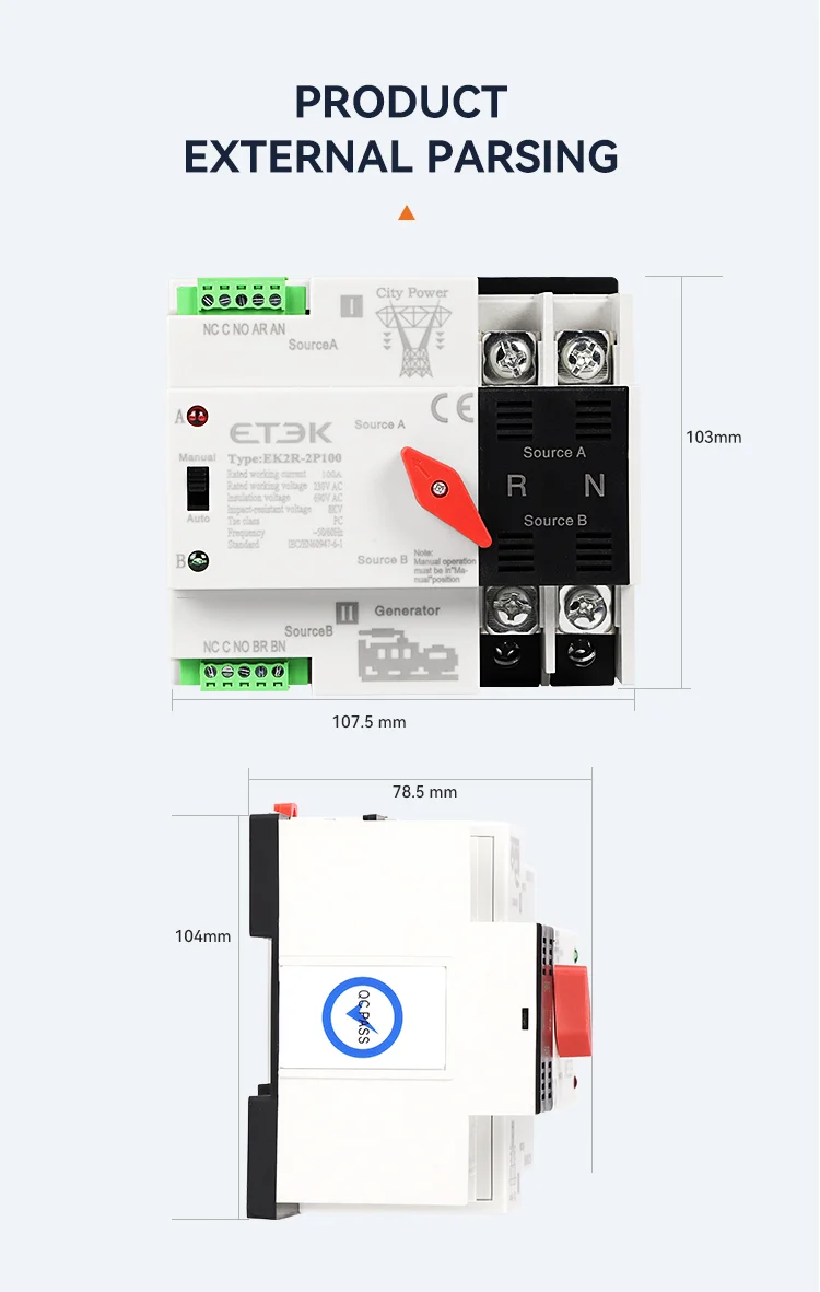 ETEC Single Phase 100A 220VAC PC class Automatic Transfer Switch City Grid-PV En