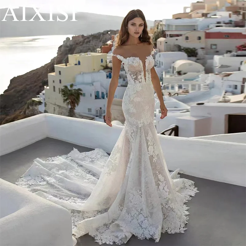 

Exquisite Wedding Dress Pearls Appliques Mermaid Bride Vestido Robe De Mariee V-neck Sleeveless Backless Off the Shoulder