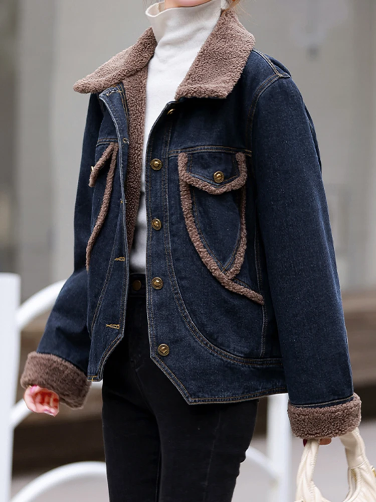 

High Quality Lapel Lamb Cashmere Patchwork Denim Thickened Jacket 2023 Winter New Korean Fashion Women'S Clothing