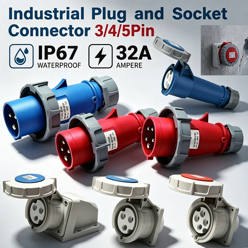 IP67 32A Industrial Plug Socket Set 3/4/5 Pin 220V-380V-415V, Male & Female with Pure Copper Contacts, Surface or Flush Mount 1