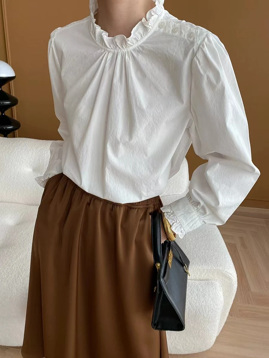 

Spring Atmosphere French Pleated Wooden Ear Edge Standing Collar Solid Color Long Sleeved Shirt Niche New Style Cotton Top