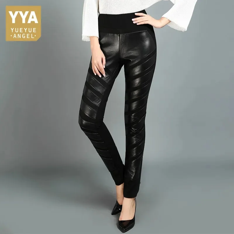 

Brand OL Style 100% Sheepskin Pants Women Streetwear Elastic High Waist Pencil Genuine Leather Black Party Trousers Female