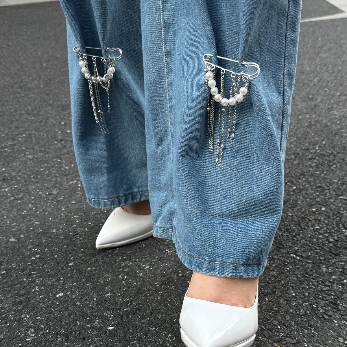 Retro Sweet Imitation Pearl Metal Chain Tassel Pendant Pin Pants Foot Chain