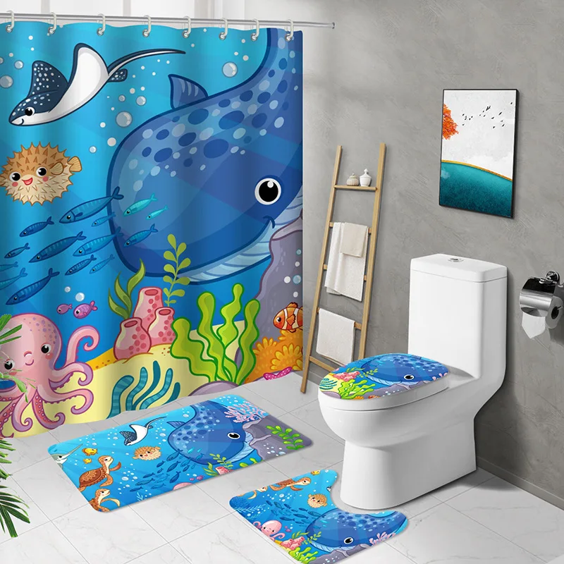 

Cartoon Fish Kids Shower Curtain Set With Rugs Underwater Ocean Theme Sea Animal Nature Shark Turtle Fabric Carpet Toilet Rug