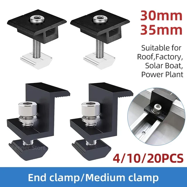 4/10/20 pièces support de Module solaire pince d'extrémité pince d'extrémité pour montage pinces de panneau solaire pour fixations de Module solaire PV 30mm/35mm 1
