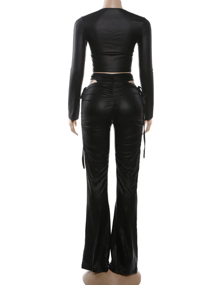 Nibber Fashion 2Piece Set Woman Ruched Shirring Full Sleeve Crop Tops+Hollow Design High Waist Long Pant Faux Leather Streetwear