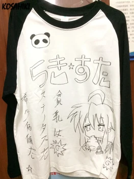 Japanese Casual Contrast Color T-shirt Women Gothic Anime Cartoon Print Loose T Shirts Y2k Aesthetic Fairy Harajuku Grunge Tops 1