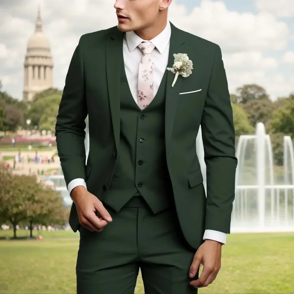 Slim Fit Men Suits Regular Fit 3 Piece Elegant Tuxedos Set Notch Lapel Blazer Vest Pants for Evening Party Wedding Male Suit