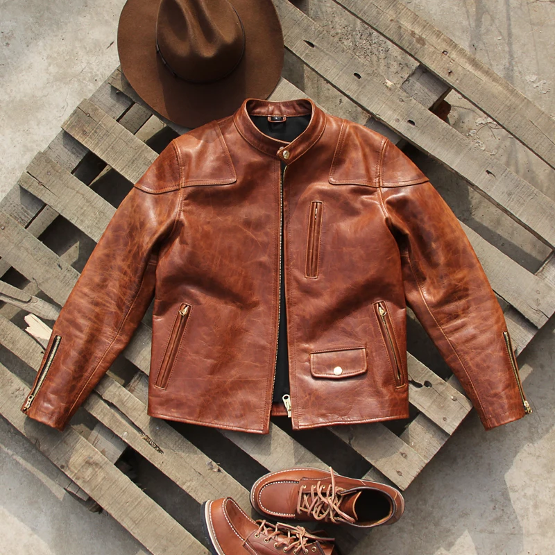 

Vintage Leather Coat Men's Heavy Oil Wax Cowhide Leather Stand Collar Leisure Motorcycle Leather Jacket Spring Autumn Clothes