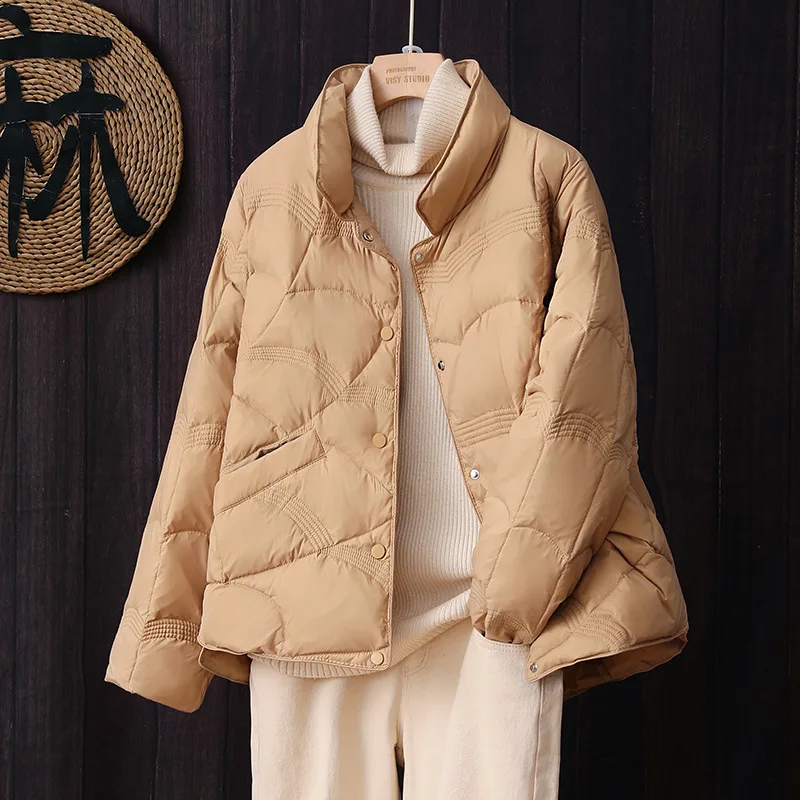Down Jacket Women's Short White Versatile in Autumn and Winter Lightweight and Warm Standing Collar Fashionable Jacket